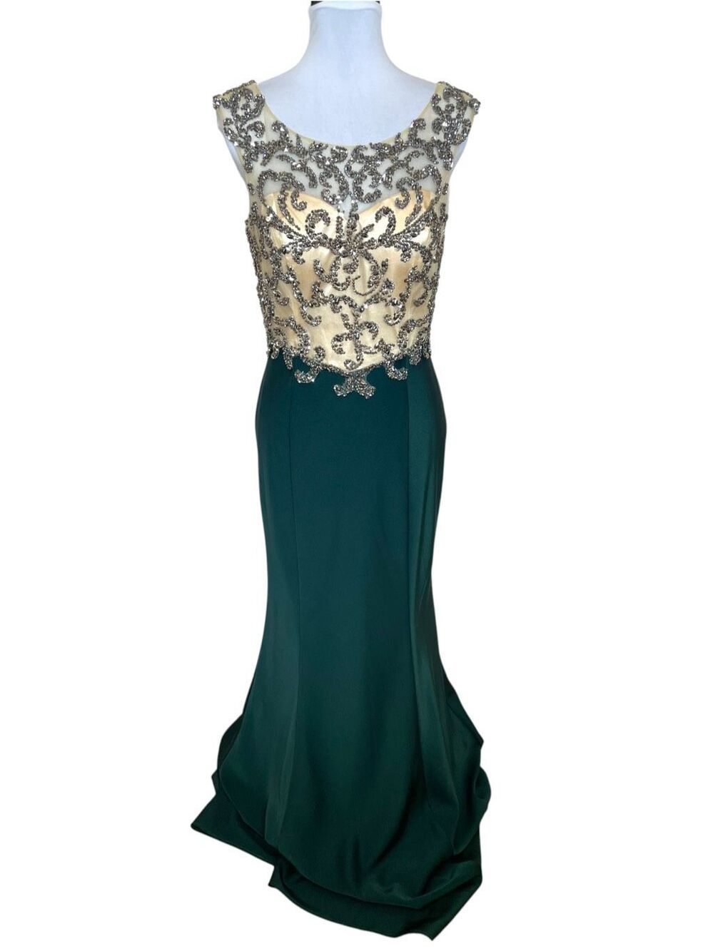 Amelia Couture Formal Gown Champagne Gold and Green Beaded Top Size 8